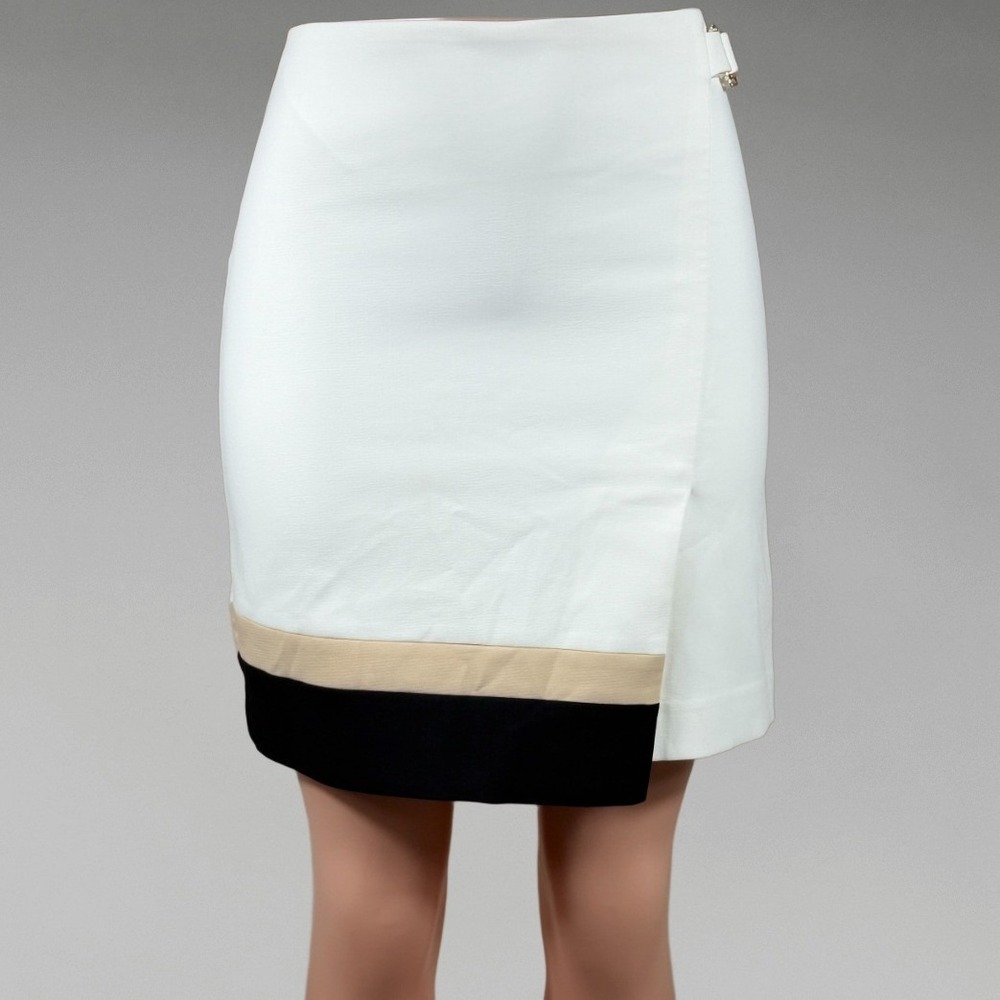 White House Black Market Colorblock Wrap Mini Skirt White Black Tan Size 2
